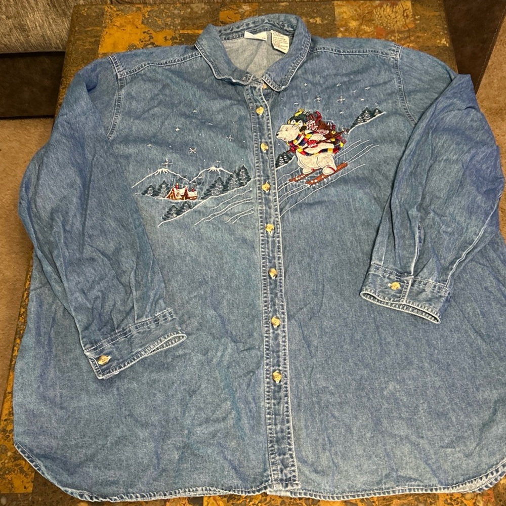 Vintage Bobbie Brooks Denim Shirt Womens 28W Winter Embroidered Christmas